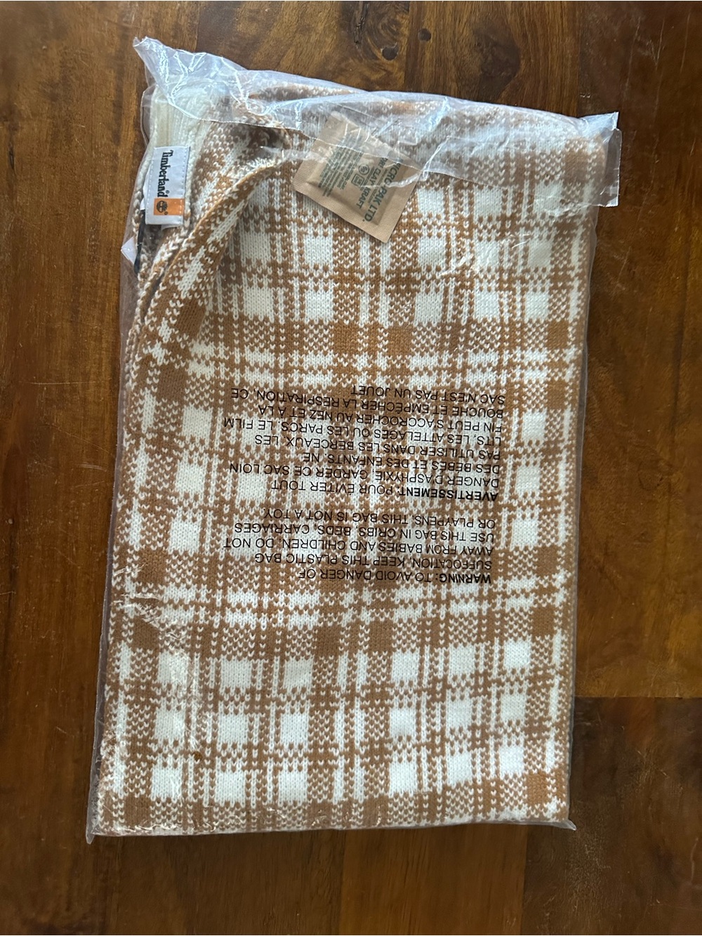 Timberland Plaid Camel‎ and Cream Knit Sweater Scarf NEW